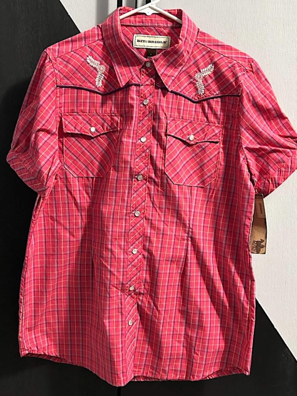 Bit & Bridle Country Western Plaid Embroidered Shoulders Pearl Snaps Women's L